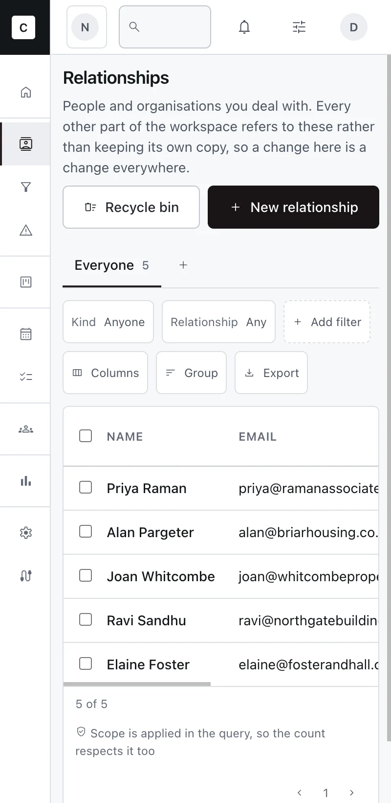 Consonas on a phone, showing the relationships list with the navigation collapsed to icons